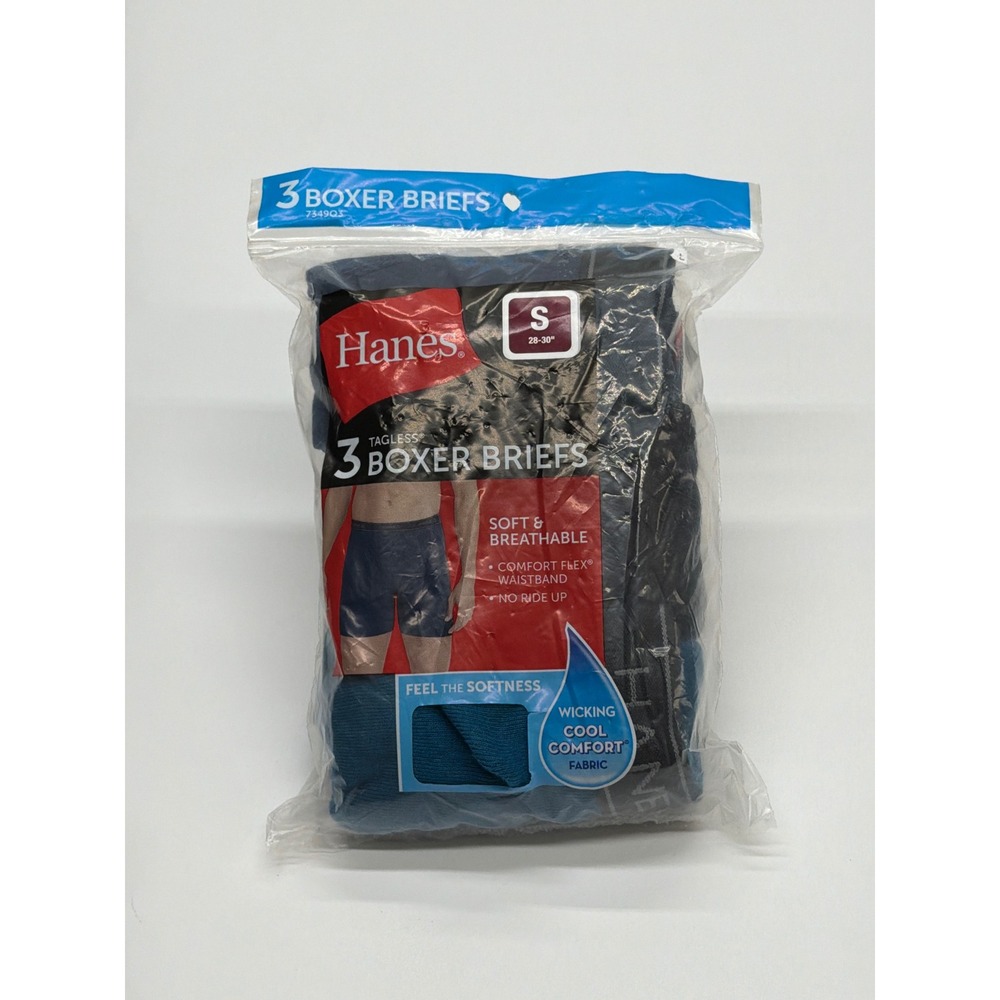 Hanes Mens 3 Pack Tagless Boxer Briefs Blue Navy Teal Small 28-30 7349Q3‎ NEW